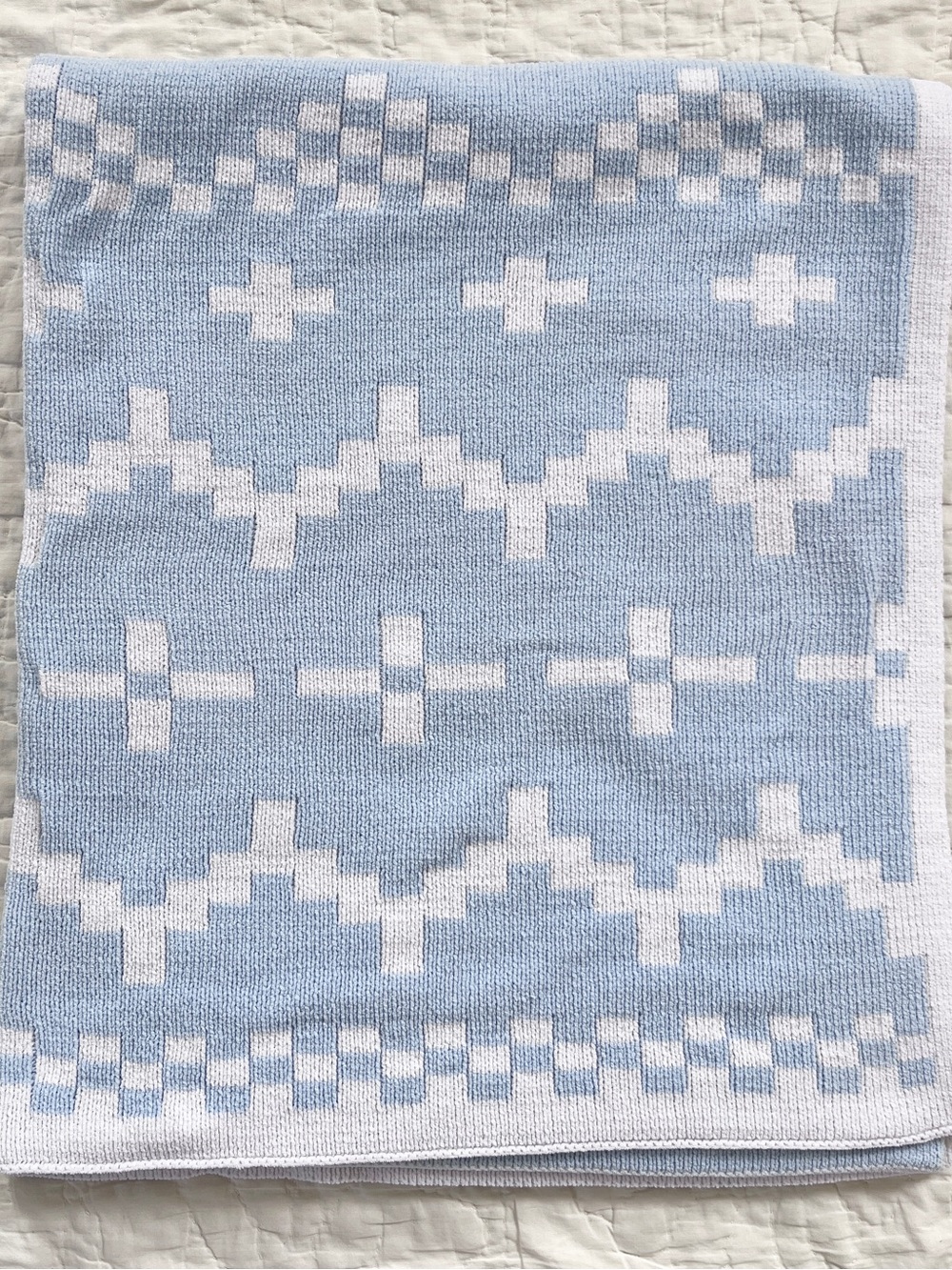 EUC Nordstrom Baby Blanket Soft Chenille Geometric Shapes Boy Blue White 30x38